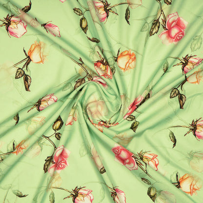 Pastel Green Floral Digital Print American Crepe Fabric