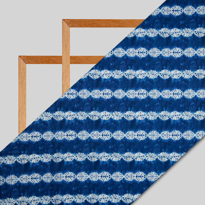 Royal Blue And White Shibori Digital Print American Crepe Fabric - Fabcurate