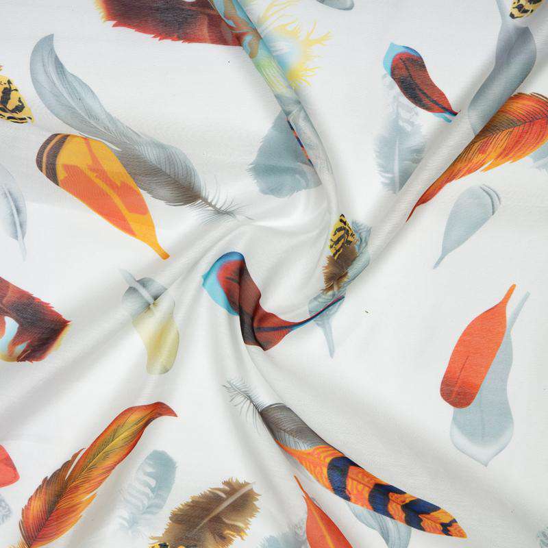 White Feather Digital Print Chanderi Fabric - Fabcurate