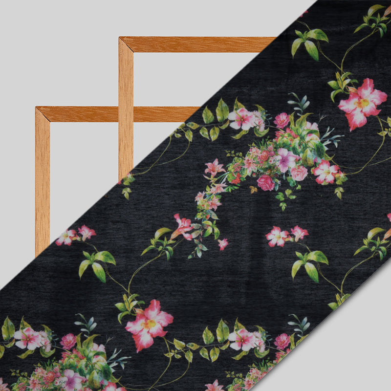 Black Floral Digital Print Chanderi Fabric - Fabcurate