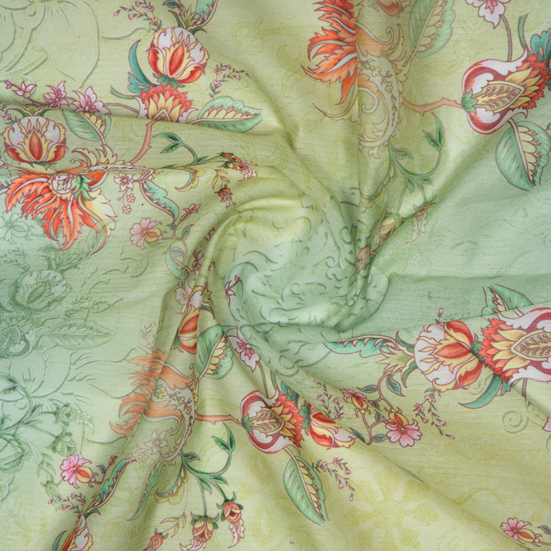 Olive Floral Digital Print Chanderi Fabric - Fabcurate