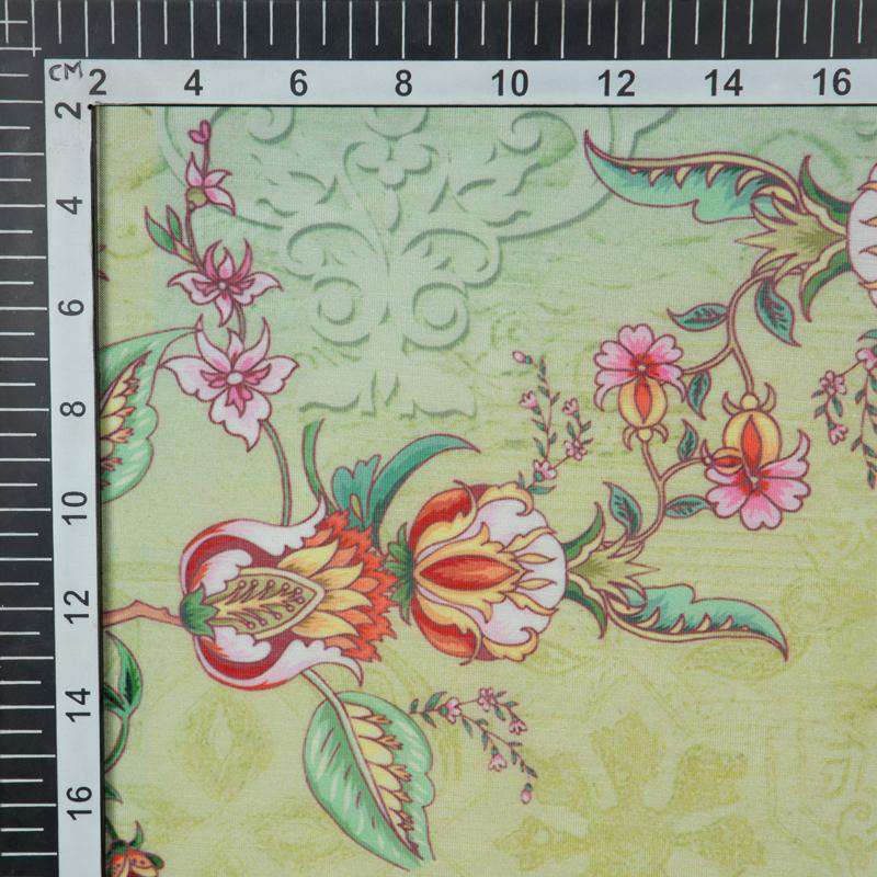 Olive Floral Digital Print Chanderi Fabric - Fabcurate