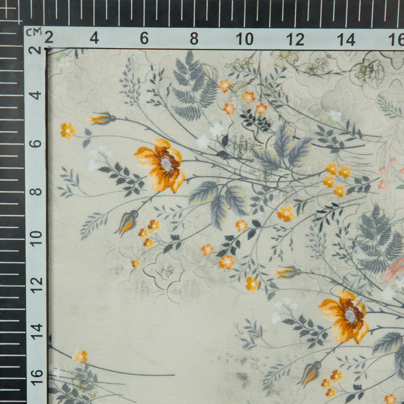 Beige Floral Digital Print Chanderi Fabric - Fabcurate