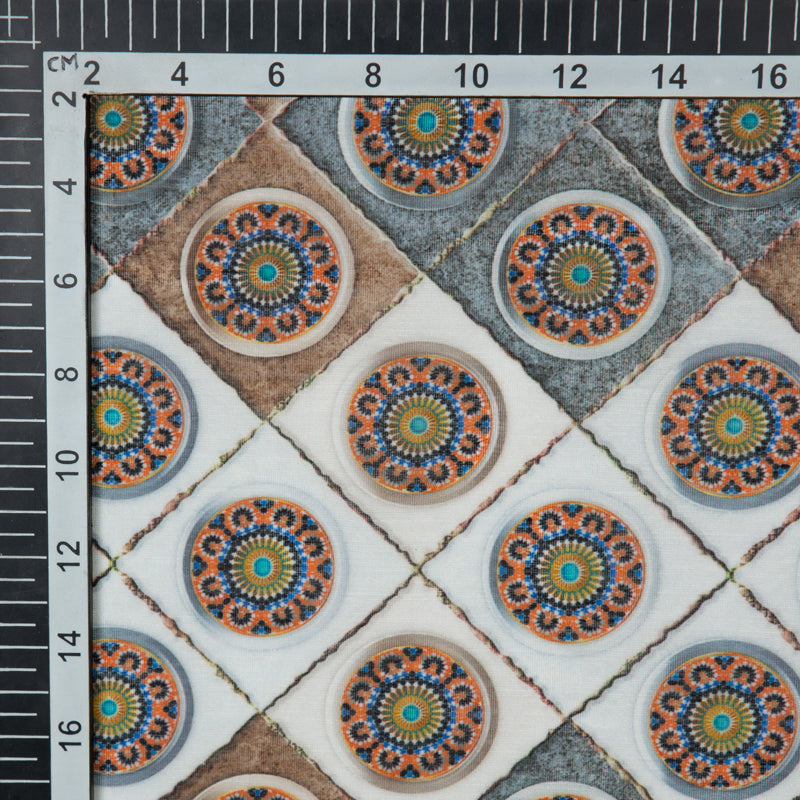Dark Grey Ethnic Digital Print Chanderi Fabric - Fabcurate