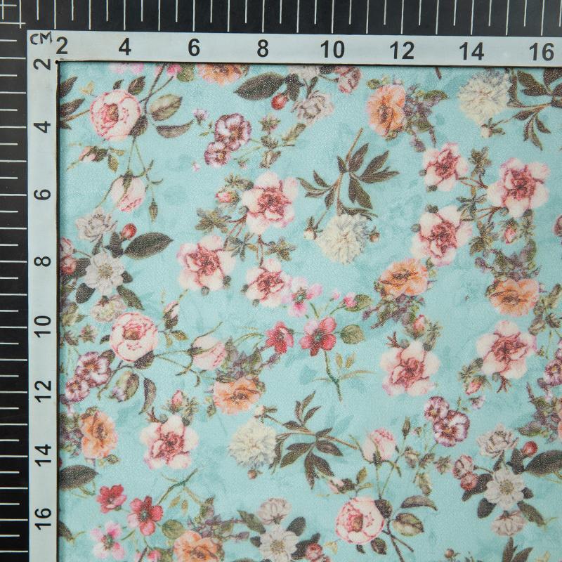 Teal Floral Digital Print Georgette Fabric - Fabcurate