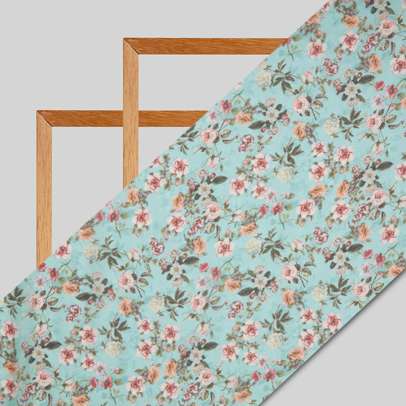 Teal Floral Digital Print Georgette Fabric - Fabcurate