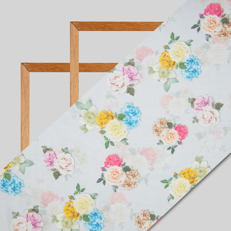 White Floral Digital Print Georgette Fabric - Fabcurate