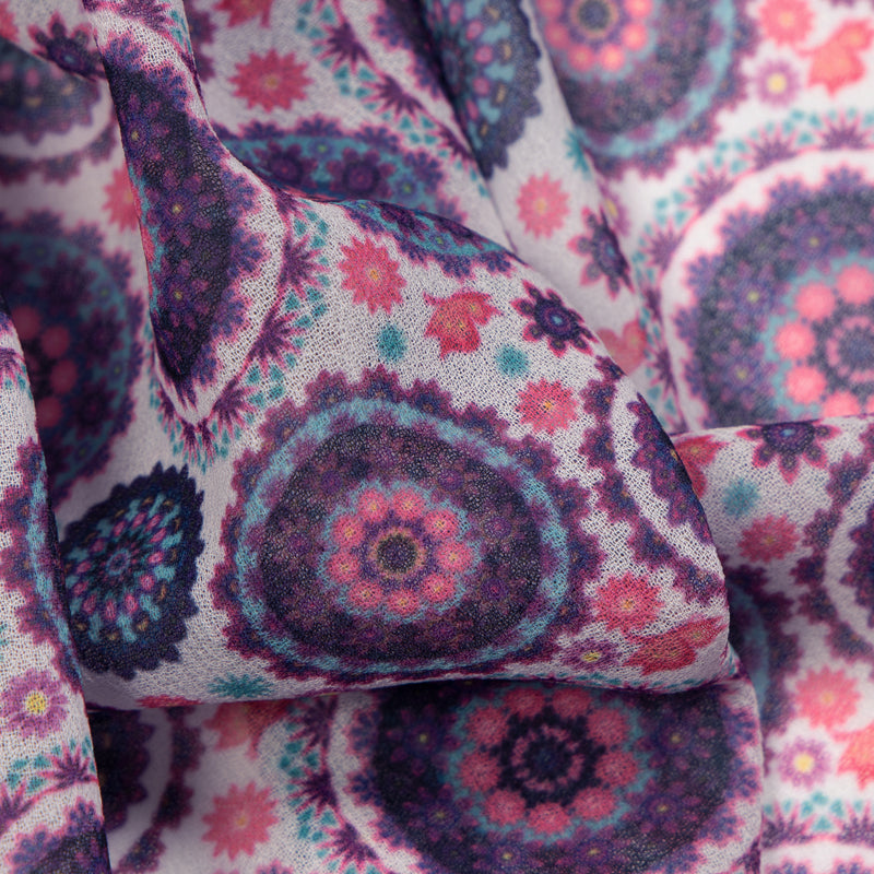 White And Purple Geometric Digital Print Georgette Fabric