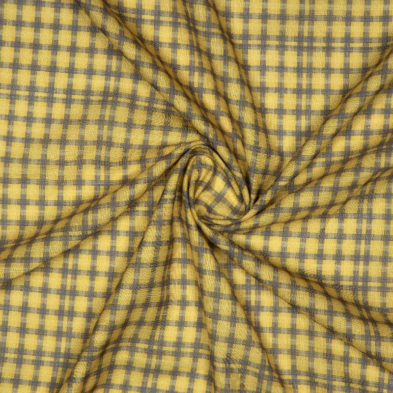 Yellow Checks Digital Print Linen-Textured Fabric - Fabcurate