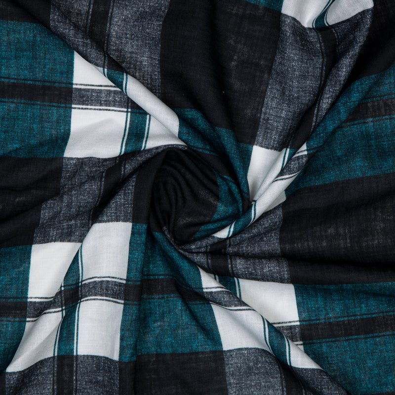 Black And Teal Checks Digital Print Linen-Textured Fabric - Fabcurate