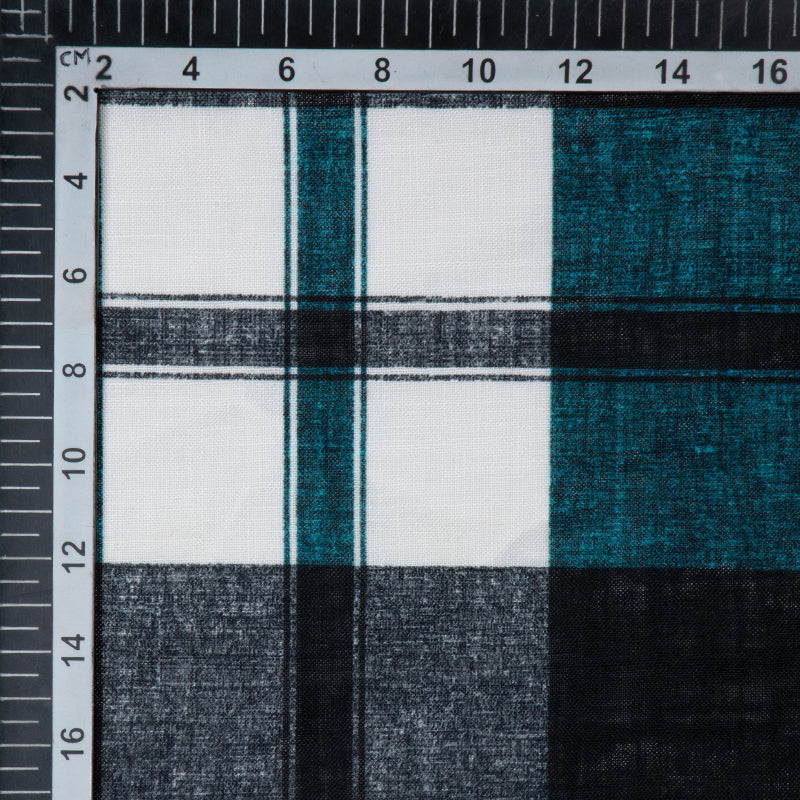 Black And Teal Checks Digital Print Linen-Textured Fabric - Fabcurate