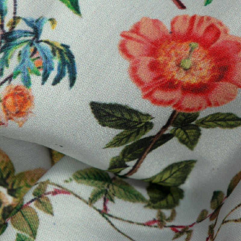 White Floral Digital Print Modal Satin Fabric - Fabcurate