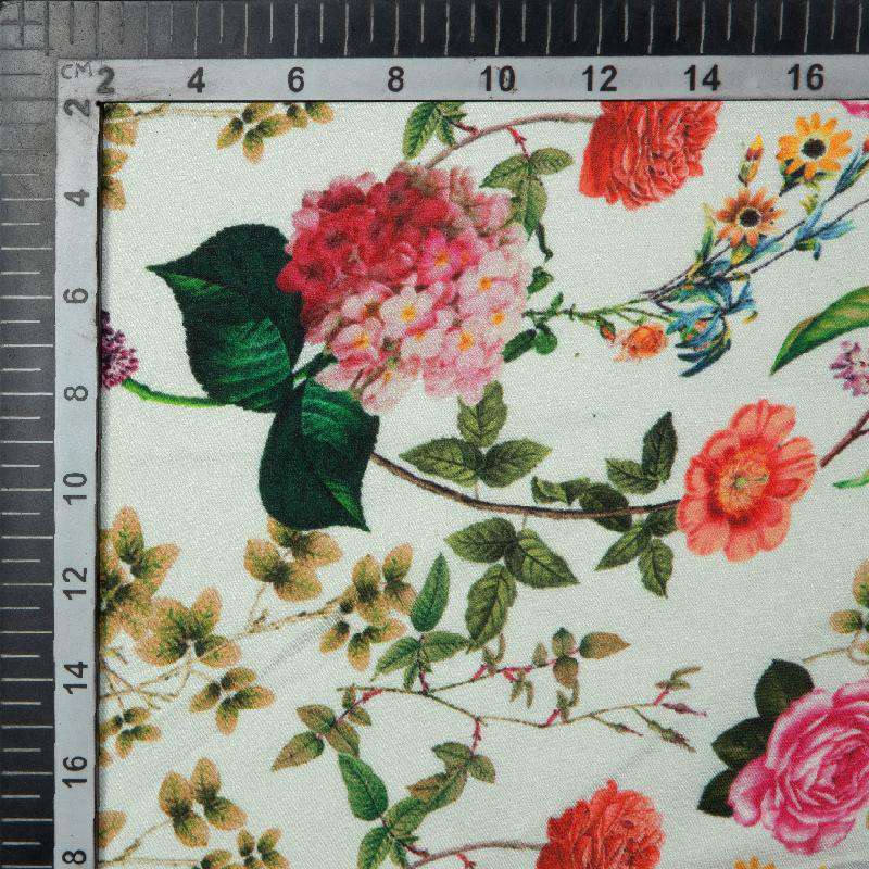 White Floral Digital Print Modal Satin Fabric - Fabcurate