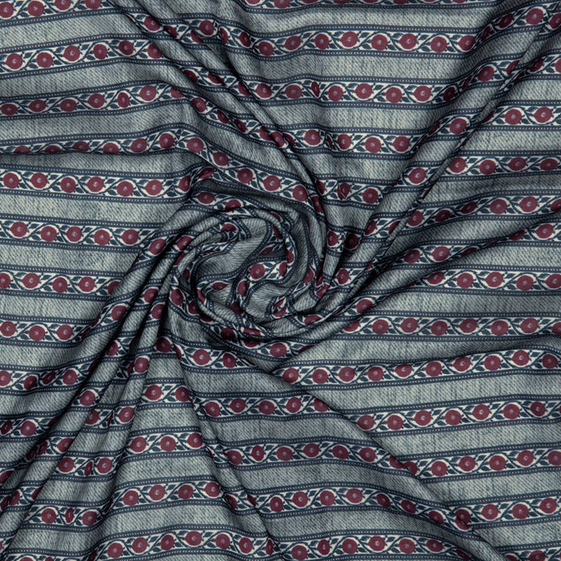 Grey And Burgundy Floral Stripes Digital Print Modal Satin Fabric - Fabcurate