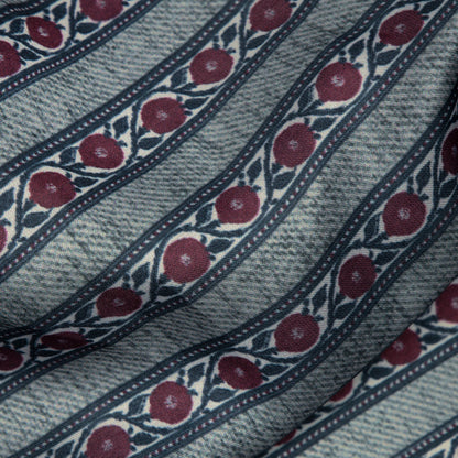 Grey And Burgundy Floral Stripes Digital Print Modal Satin Fabric - Fabcurate