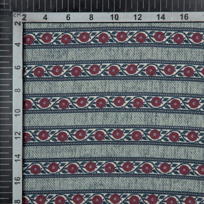 Grey And Burgundy Floral Stripes Digital Print Modal Satin Fabric - Fabcurate