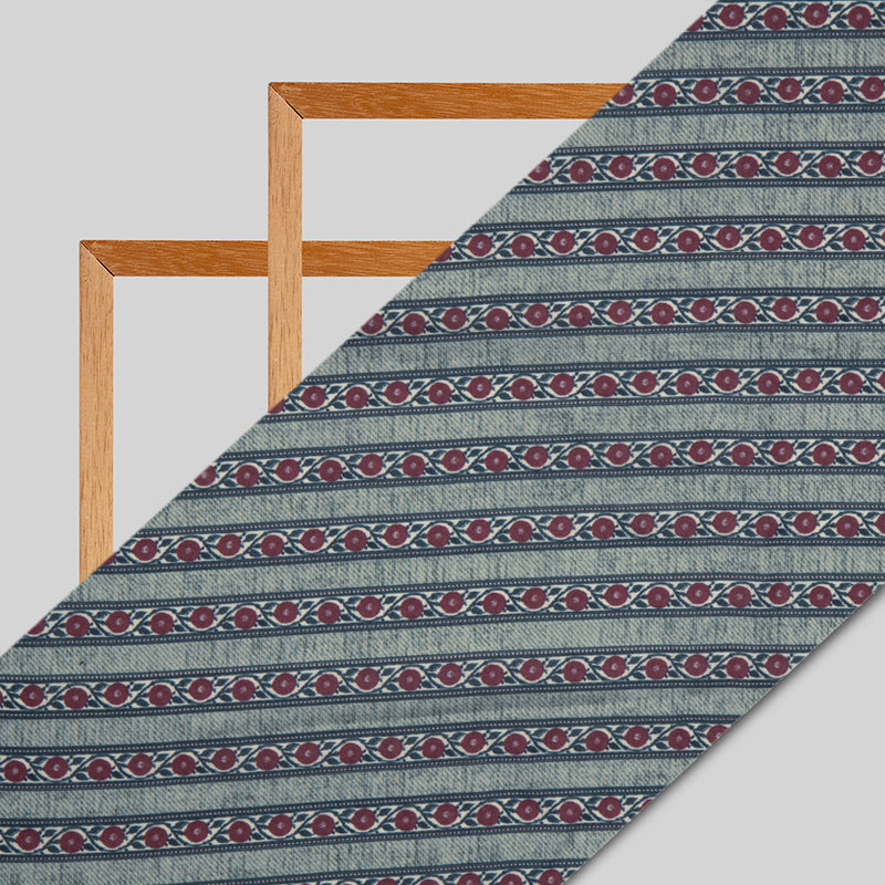 Grey And Burgundy Floral Stripes Digital Print Modal Satin Fabric - Fabcurate