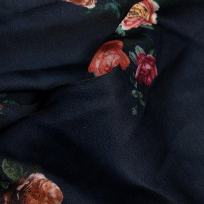 Navy Blue Floral Digital Print Modal Satin Fabric - Fabcurate