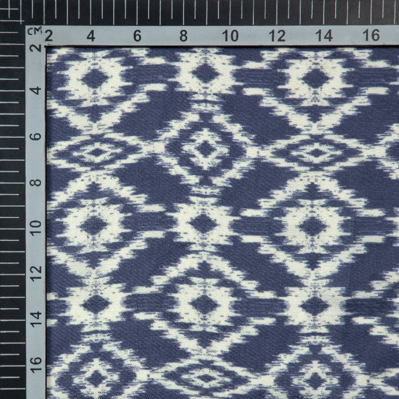 Navy Blue And White Ikat Pattern Digital Print Modal Satin Fabric - Fabcurate