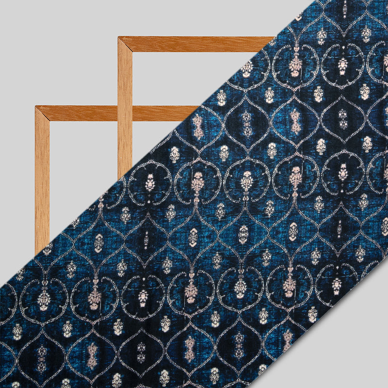 Navy Blue Ethnic Digital Print Modal Satin Fabric - Fabcurate