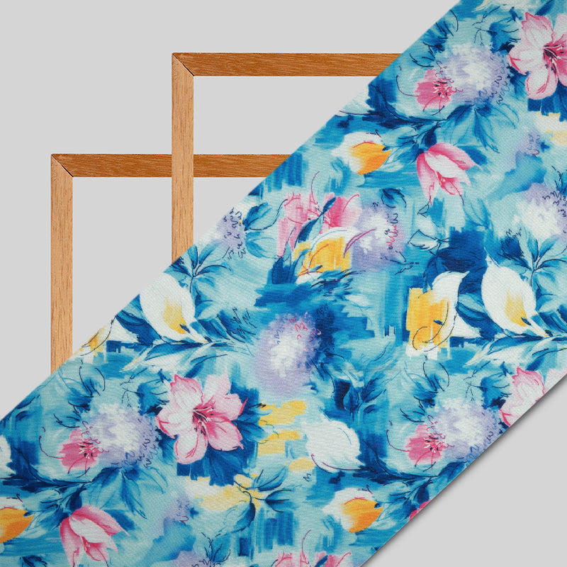 Blue And Pink Abstract Digital Print Modal Satin Fabric - Fabcurate