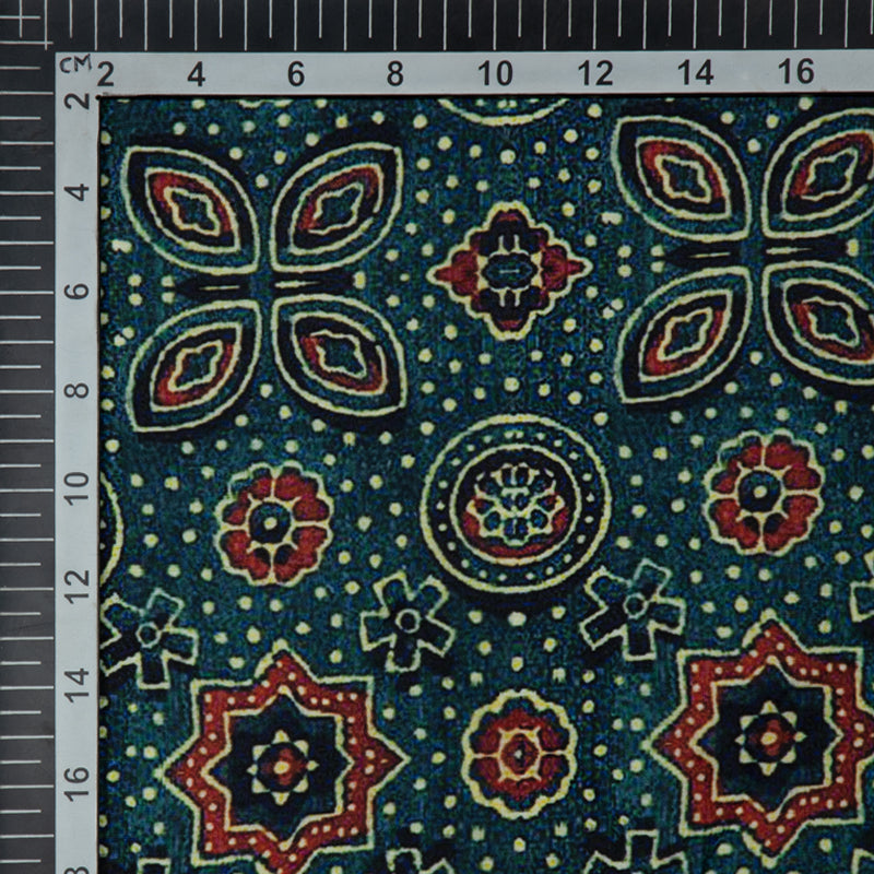 Dark Green Ethnic Digital Print Muslin Fabric - Fabcurate