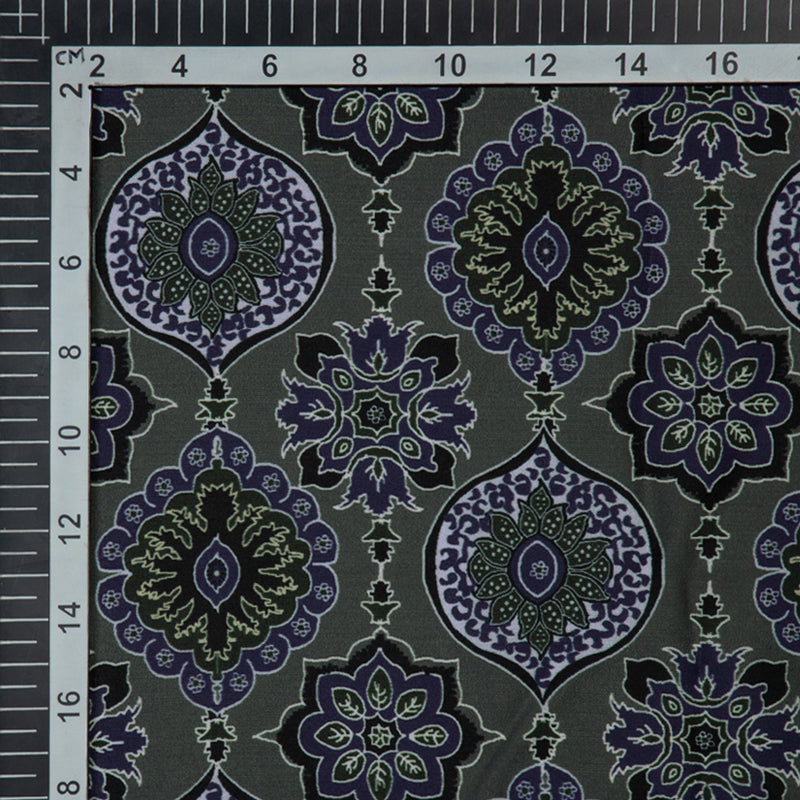 Dark Grey Ethnic Digital Print Muslin Fabric - Fabcurate