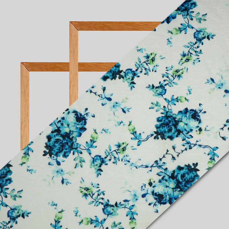 White Floral Digital Print Muslin Fabric - Fabcurate