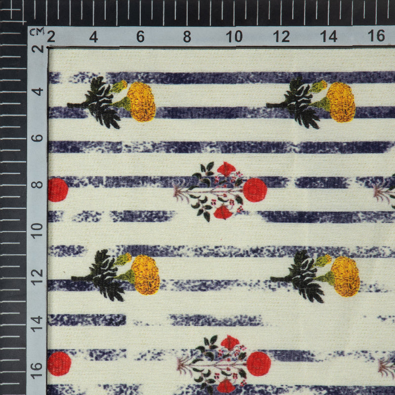 Cream Floral And Stripea Digital Print Muslin Fabric - Fabcurate