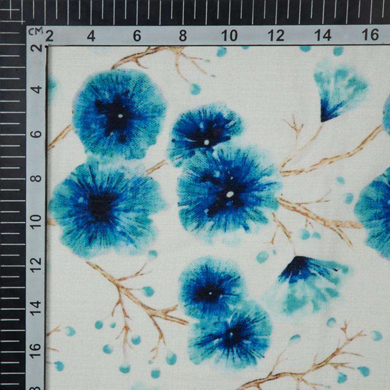 Royal Blue Floral Digital Print Muslin  Fabric - Fabcurate