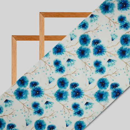 Royal Blue Floral Digital Print Muslin  Fabric - Fabcurate
