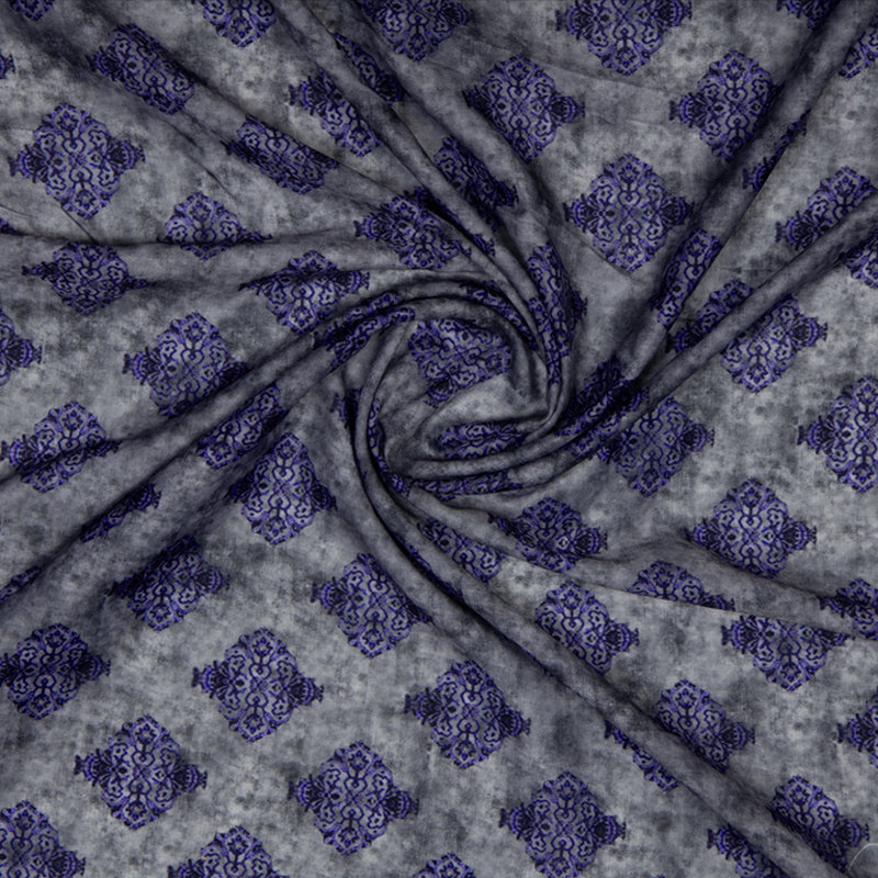 Purple And Grey Ethnic Digital Print Muslin Fabric - Fabcurate