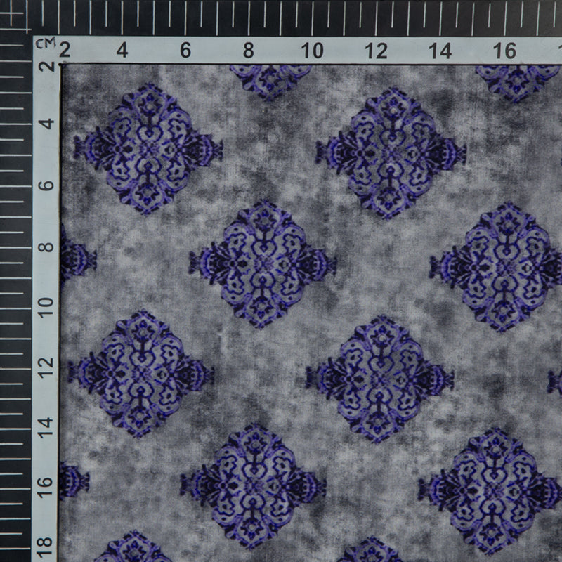 Purple And Grey Ethnic Digital Print Muslin Fabric - Fabcurate