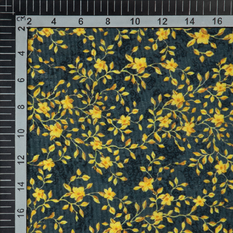 Yellow And Dark Grey Floral Digital Print Muslin Fabric - Fabcurate