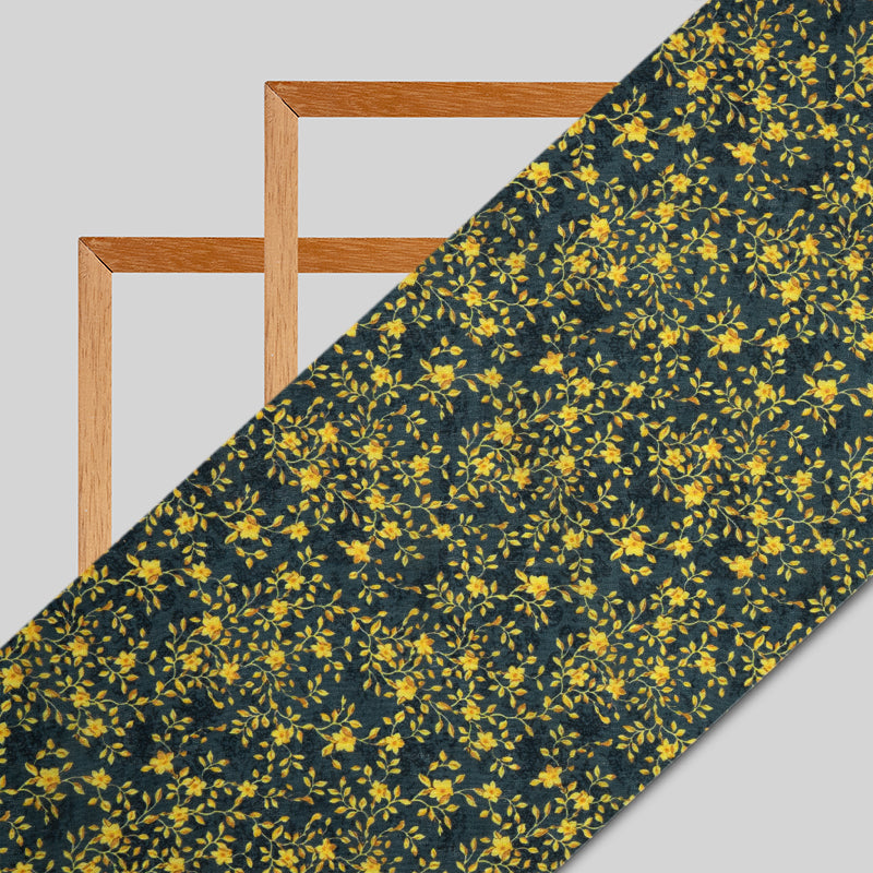 Yellow And Dark Grey Floral Digital Print Muslin Fabric - Fabcurate