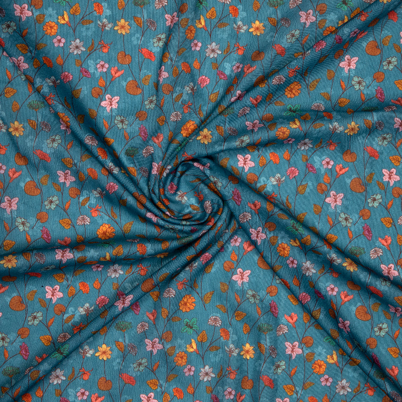 Grey Blue Floral Digital Print Muslin Fabric - Fabcurate