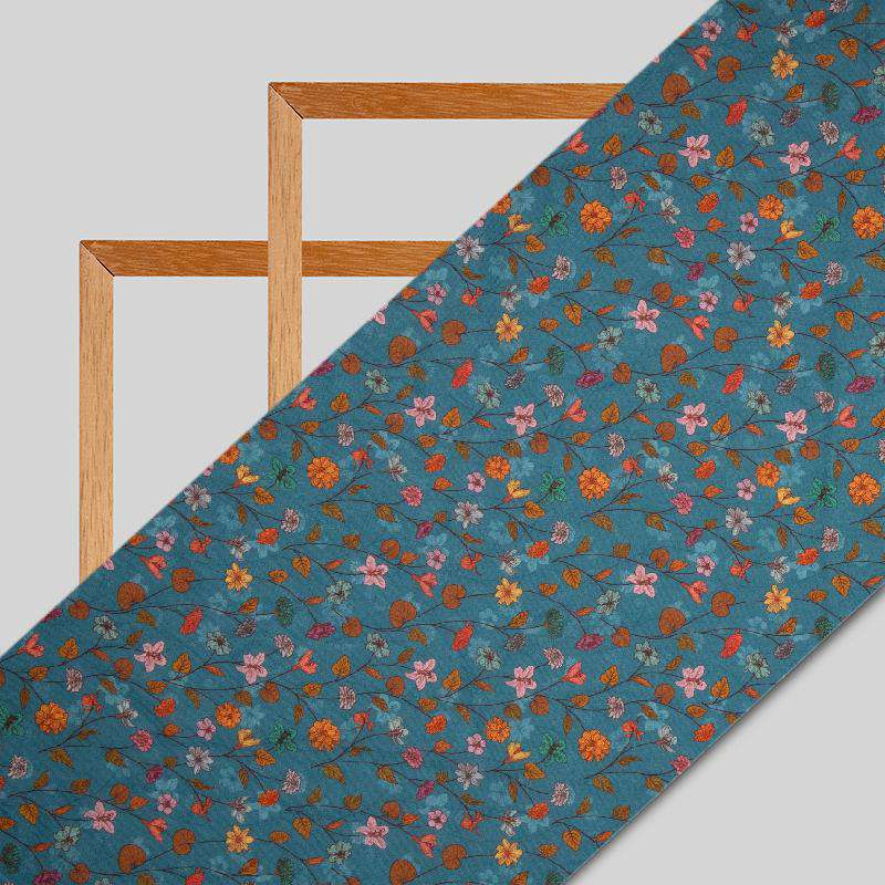 Grey Blue Floral Digital Print Muslin Fabric - Fabcurate