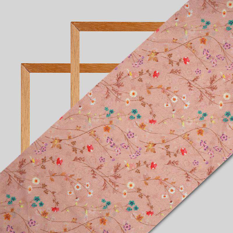 Peach Floral Digital Print Muslin Fabric - Fabcurate