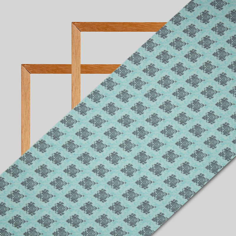 Pastel Blue Ethnic Digital Print Muslin Fabric - Fabcurate