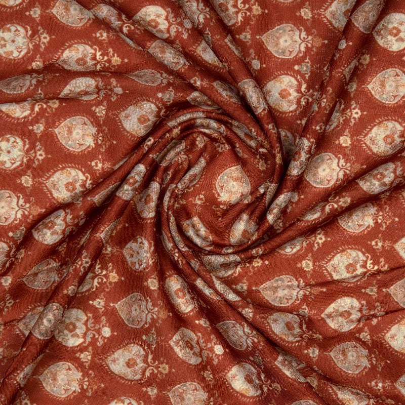 Brown Ethnic Digital Print Muslin Fabric - Fabcurate