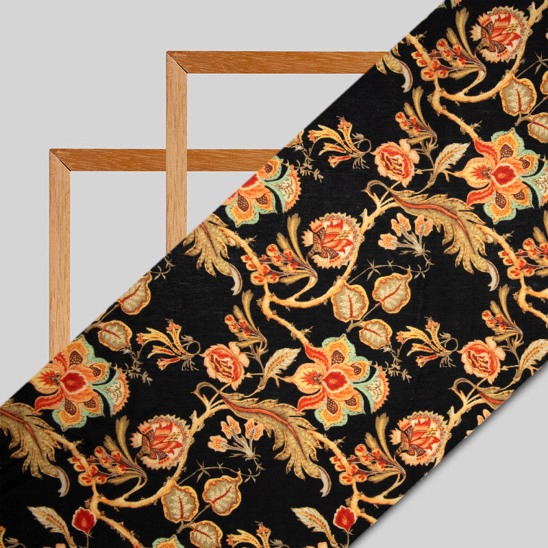 Black Floral Digital Print Muslin Fabric - Fabcurate