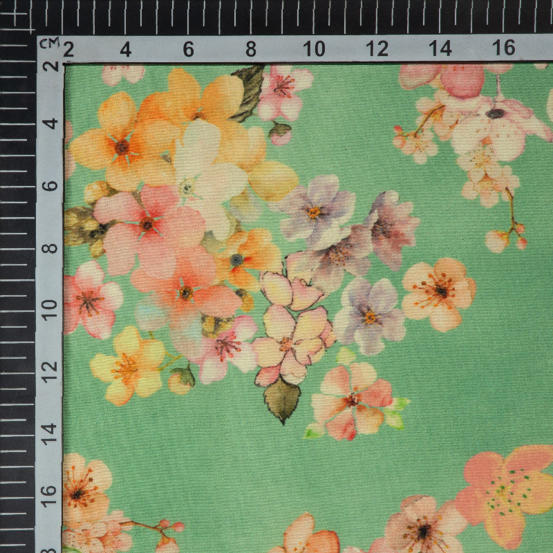 Pastel Green Floral Digital Print Muslin Fabric - Fabcurate