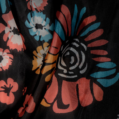 Black Floral Digital Print Premium Organza Fabric - Fabcurate