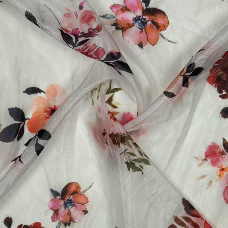 Cream Floral Digital Print Premium Organza Fabric - Fabcurate