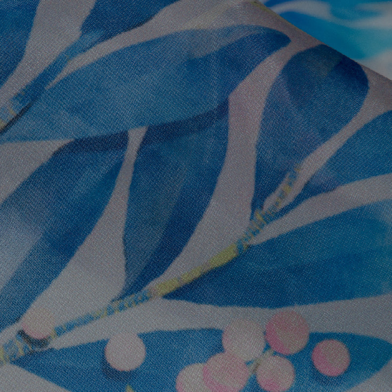 Pastel Blue Leaf Digital Print Premium Organza Fabric - Fabcurate