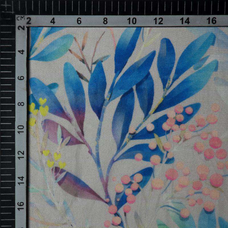 Pastel Blue Leaf Digital Print Premium Organza Fabric - Fabcurate