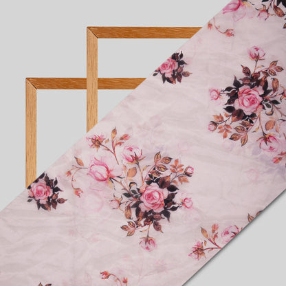 White Mughal Floral Digital Print Premium Organza Fabric - Fabcurate