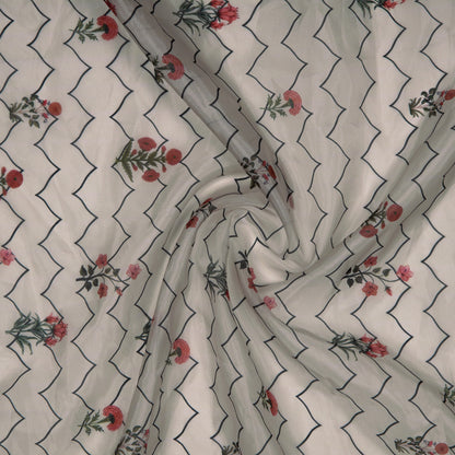 Beige Floral Chevron Digital Print Premium Organza Fabric - Fabcurate