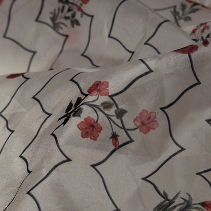 Beige Floral Chevron Digital Print Premium Organza Fabric - Fabcurate