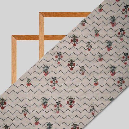Beige Floral Chevron Digital Print Premium Organza Fabric - Fabcurate